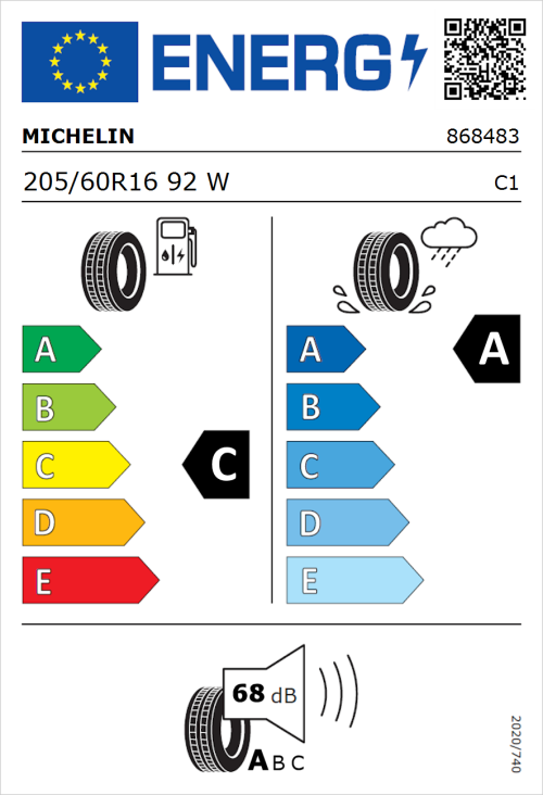 Tyre Label for Michelin Primacy 4 (ZP) 205/60R16 92W